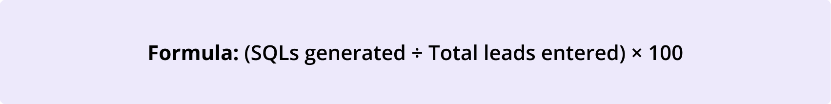 Formula for SQL conversion rate: (SQLs generated ÷ Total leads entered) × 100, used to measure the percentage of leads that become sales-qualified leads in the B2B lead pipeline.